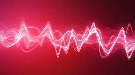 A digitally created visualization of heart waves pulsating in synchronization, with a gradient background transitioning from deep red to soft pinkの素材