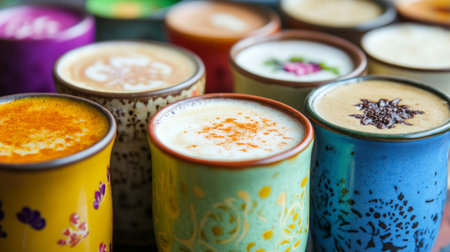 A colorful display of different varieties of Chaa Chak, with each cup uniquely decorated, highlighting the diversity and creativity in serving this popular beverage.の素材