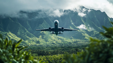 A creative angle of an airplane taking off, framed by lush greenery or mountains, illustrating the contrast between nature and technology in air travel.の素材
