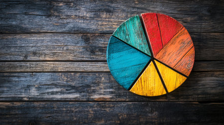 A creative pie chart with textured segments showing sales data, each slice representing a different product line, set against a rustic wooden table background.の素材
