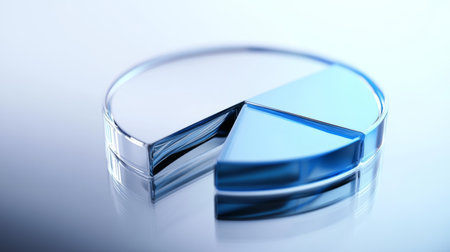A corporate D pie chart with glossy silver and blue segments, with one slice slightly pulled out to highlight its significance, displayed on a reflective surface.の素材