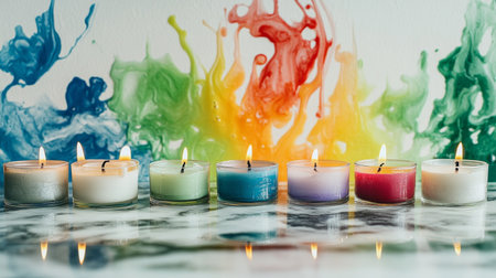 A cluster of colorful candles melting slightly on a marble surface, with drips of wax creating interesting patterns and texturesの素材