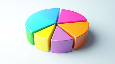 A colorful D pie chart with vibrant segments floating slightly above a white surface, each slice labeled clearly to represent different data categories.の素材