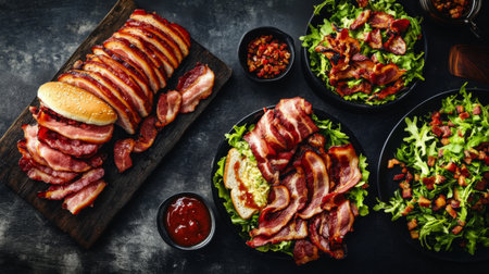 A creative flat lay of various bacon dishes, including bacon sandwiches, salads with bacon bits, and a side of crispy bacon strips, showcasing versatilityの素材