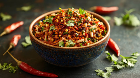 A colorful bowl of mixed spices including chili flakes, cumin, and turmeric, with whole chili peppers and herbs surrounding it, set against a dark background for contrast.の素材