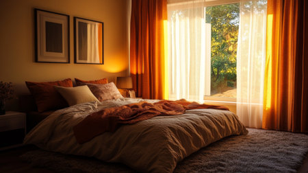 A cozy bedroom with a warm color scheme, featuring a fluffy duvet, decorative pillows, and a plush rug, creating an inviting and comfortable retreatの素材