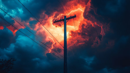 A dramatic shot of a utility pole against a stormy sky, with dark clouds and lightning in the background, conveying the power and unpredictability of weatherの素材