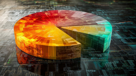A dynamic financial pie chart with segmented slices, showing investment portfolio allocation, overlaid on a digital background filled with stock market trends.の素材