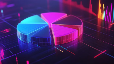 A dynamic D pie chart with glowing neon-colored slices, separated to emphasize individual data points, set against a digital grid background.の素材