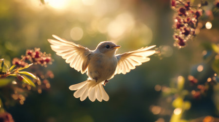 A dynamic photo of a baby bird learning to fly, flapping its wings in a sunlit backyard, capturing the essence of growth and exploration in the natural world.の素材