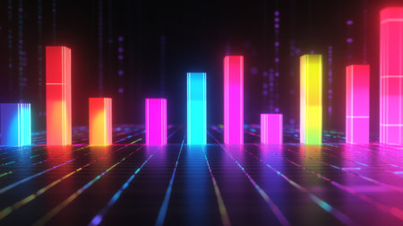 A dynamic D bar graph with glowing neon bars, showing data comparison in a high-tech setting with grid lines and axis markers.の素材