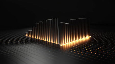 A dynamic D bar graph on a black background, with sleek metal bars, a glowing grid, and a futuristic feel, perfect for illustrating progress or trends.の素材
