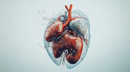 A medical illustration of the human liver, highlighting its position in the body and connections to surrounding organs, with a clean and simple background.の素材