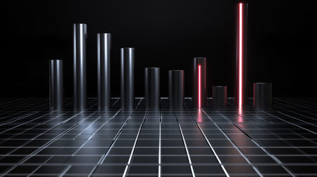 A dynamic D bar graph on a black background, with sleek metal bars, a glowing grid, and a futuristic feel, perfect for illustrating progress or trends.の素材
