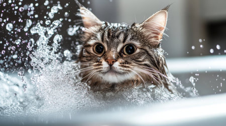 A dynamic photo of a cat splashing water playfully while trying to escape the bath, emphasizing the amusing antics of pets during their grooming sessions.の素材