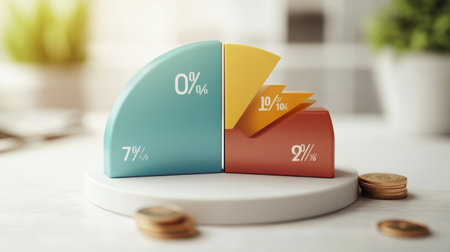 A pie chart displaying personal finance data, with different sections for savings, expenses, and investments, accompanied by labels and percentages on a sleek white background.の素材