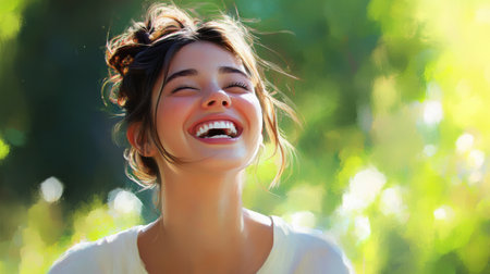 A playful portrait of a woman with a messy bun and a few loose strands, laughing and enjoying a sunny day at the park, embodying a carefree and natural beauty.の素材