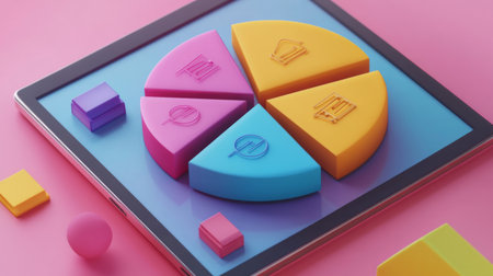 A financial pie chart highlighting different revenue streams for a startup, with vivid colors and icons for each segment, displayed on a sleek digital tablet.の素材