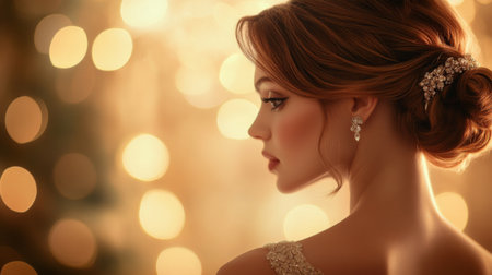 A graceful image of a woman with a classic chignon hairstyle, elegantly dressed for an evening event, with soft lighting emphasizing her refined look.の素材