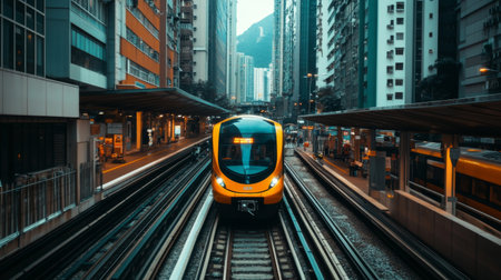 A high-speed train passing through a vibrant urban area, with modern skyscrapers and busy streets in the background, highlighting city life and innovationの素材