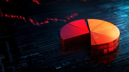 A dynamic financial pie chart with segmented slices, showing investment portfolio allocation, overlaid on a digital background filled with stock market trends.の素材