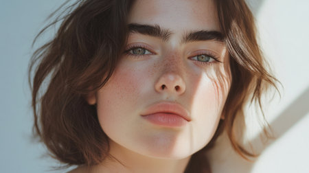 A natural beauty shot focusing on thick, bushy eyebrows on a young womans face, emphasizing the trend of full, untrimmed brows with soft natural lighting.の素材