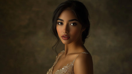 A glamorous portrait of a woman in an elegant dress, with soft lighting accentuating her features, creating a sophisticated and timeless beauty.の素材