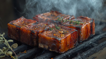 A mouthwatering image of pork belly slices marinated in spices, sizzling on a grill, with smoke rising and herbs scattered around for added flavorの素材