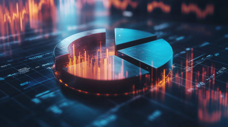 A futuristic D pie chart with metallic slices rotating in mid-air, glowing softly with data points floating nearby, perfect for visualizing complex financial information.の素材