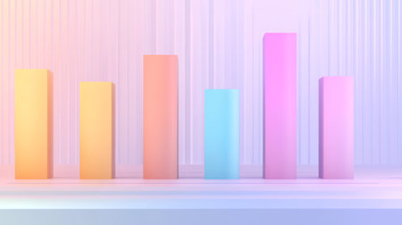 A minimalist D bar graph with pastel-colored bars rising from a flat surface, with subtle shadows and axis labels, symbolizing smooth growth trends.の素材