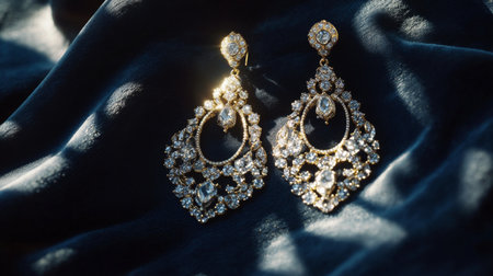 A pair of elegant chandelier diamond earrings showcased on a dark velvet cloth, with soft lighting creating dramatic shadows that enhance their beautyの素材