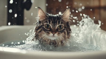 A playful image of a fluffy cat cautiously stepping into a bathtub filled with warm water, with splashes around, capturing the curiosity and hesitation of pets during bath time.の素材