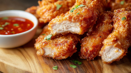 A mouthwatering close-up of juicy fried pork ribs, showing the crispy exterior and tender meat inside, placed on a wooden board with a side of spicy dipping sauce.の素材