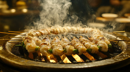 A picturesque view of a seafood grill, featuring skewered shrimp and fish, sizzling over an open flame, capturing the essence of outdoor diningの素材