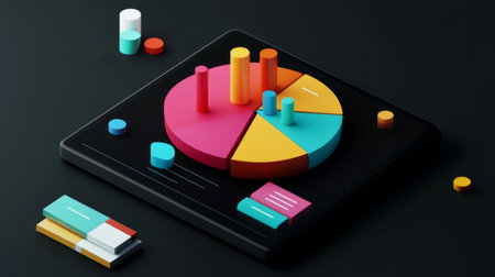 A financial pie chart highlighting different revenue streams for a startup, with vivid colors and icons for each segment, displayed on a sleek digital tablet.の素材