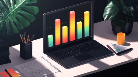 A professional financial bar chart with clear, colorful bars representing monthly income and expenses, placed on a clean workspace background with business documents and a laptop.の素材