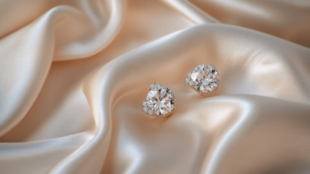 A luxurious display of diamond stud earrings set against a backdrop of soft satin fabric, highlighting the brilliance and timeless elegance of the jewelryの素材