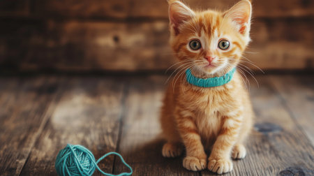 A playful ginger kitten wearing a bright blue collar, sitting on a wooden floor, with a ball of yarn tangled around its paws, looking mischievous and cute.の素材