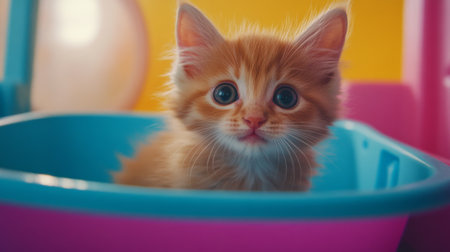 A playful shot of a curious kitten exploring a colorful litter box, with soft fur and bright eyes, capturing the innocent curiosity of young cats in a home setting.の素材