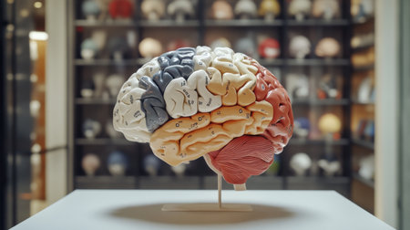 A model of the human brain, showing the different lobes and sections, with labels or color coding for an educational look, isolated on a clean background.の素材