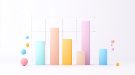 A minimalist financial bar graph with pastel-colored bars, showing quarterly revenue, displayed on a clean white background with simple grid lines and clear labels.の素材