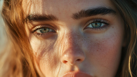 A natural beauty shot focusing on thick, bushy eyebrows on a young womans face, emphasizing the trend of full, untrimmed brows with soft natural lighting.の素材