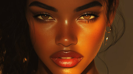 A glowing beauty portrait of a woman with perfect skin and glossy lips, her eyes captivating the viewer, with soft lighting emphasizing her facial features.の素材