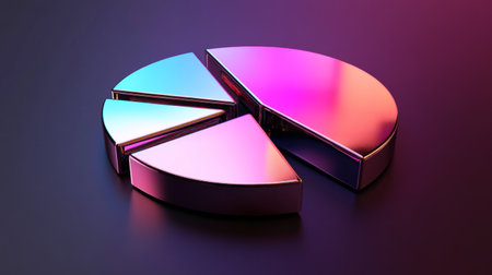 A sleek metallic D pie chart with separated slices, each segment reflecting light differently, set against a dark gradient background for a high-tech feel.の素材