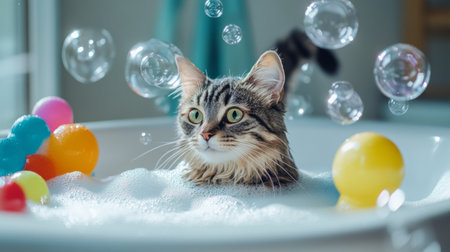 A serene scene of a cat relaxing in a bathtub, surrounded by bubbles and colorful bath toys, illustrating the calming side of bath time for pets.の素材