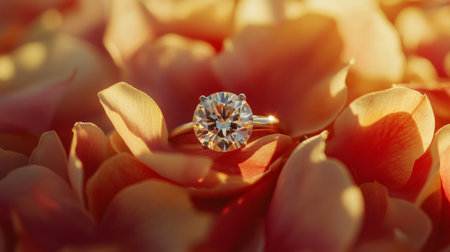 A sparkling diamond engagement ring placed on a bed of delicate petals, creating a romantic and enchanting atmosphereの素材