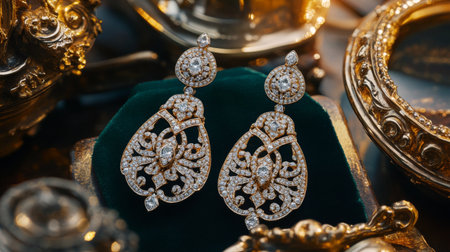 A striking photo of a pair of vintage-inspired diamond earrings with intricate designs, surrounded by antique jewelry pieces to evoke a sense of historyの素材