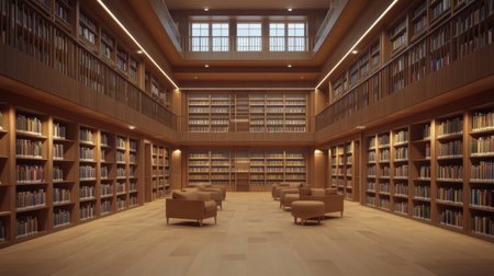 A serene library interior filled with rows of bookshelves, cozy seating areas, and soft lighting, providing a tranquil environment for study and reflection.の素材