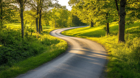 A serene rural road winding through lush greenery, with a single vehicle in motion, capturing the tranquility of countryside transportationの素材