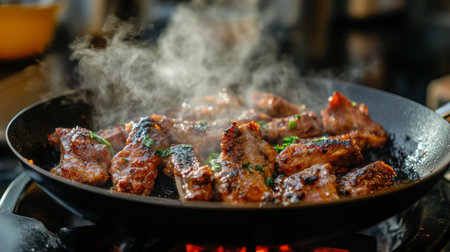 A sizzling skillet of fried pork ribs being served directly from the pan, with steam rising and a vibrant kitchen backdrop, highlighting the delicious preparation process.の素材